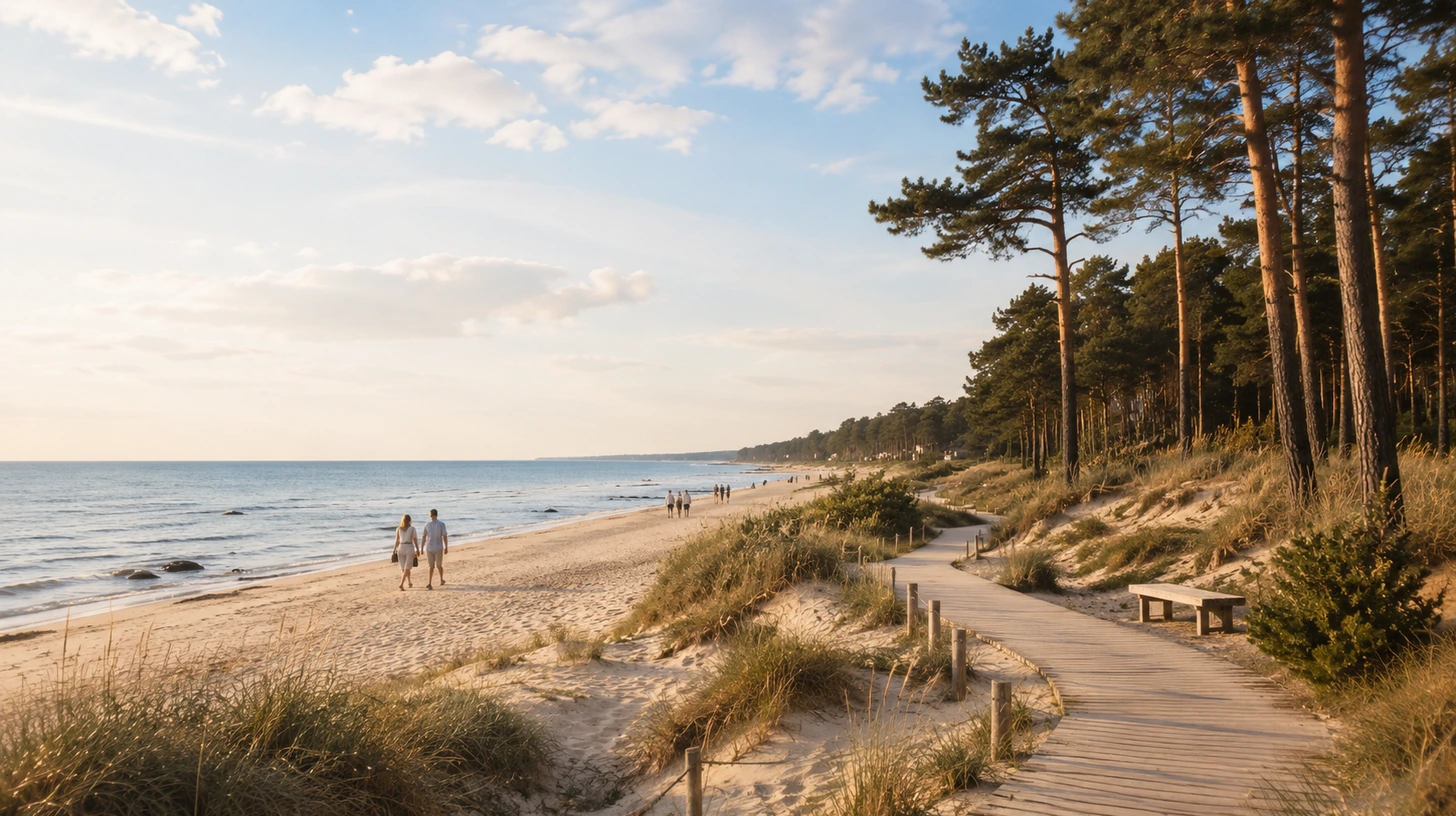 Jūrmalas pludmale ar kāpām un priežu mežu