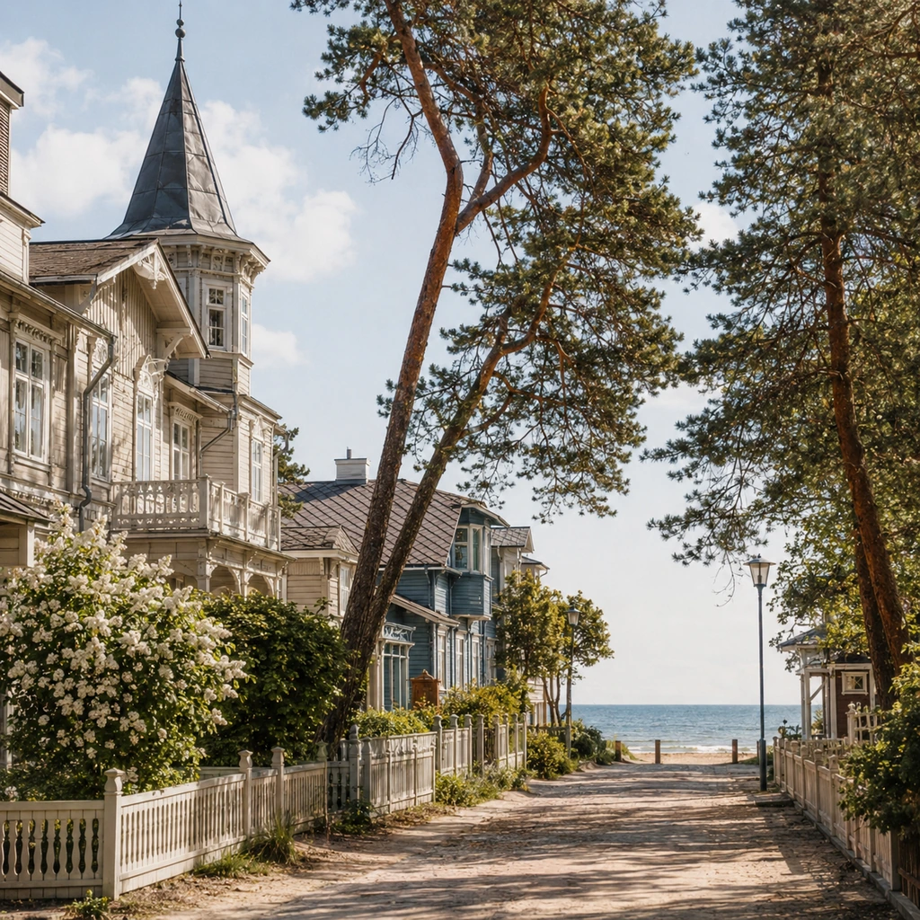 Jūrmalas koka villas un priežu iela pie jūras